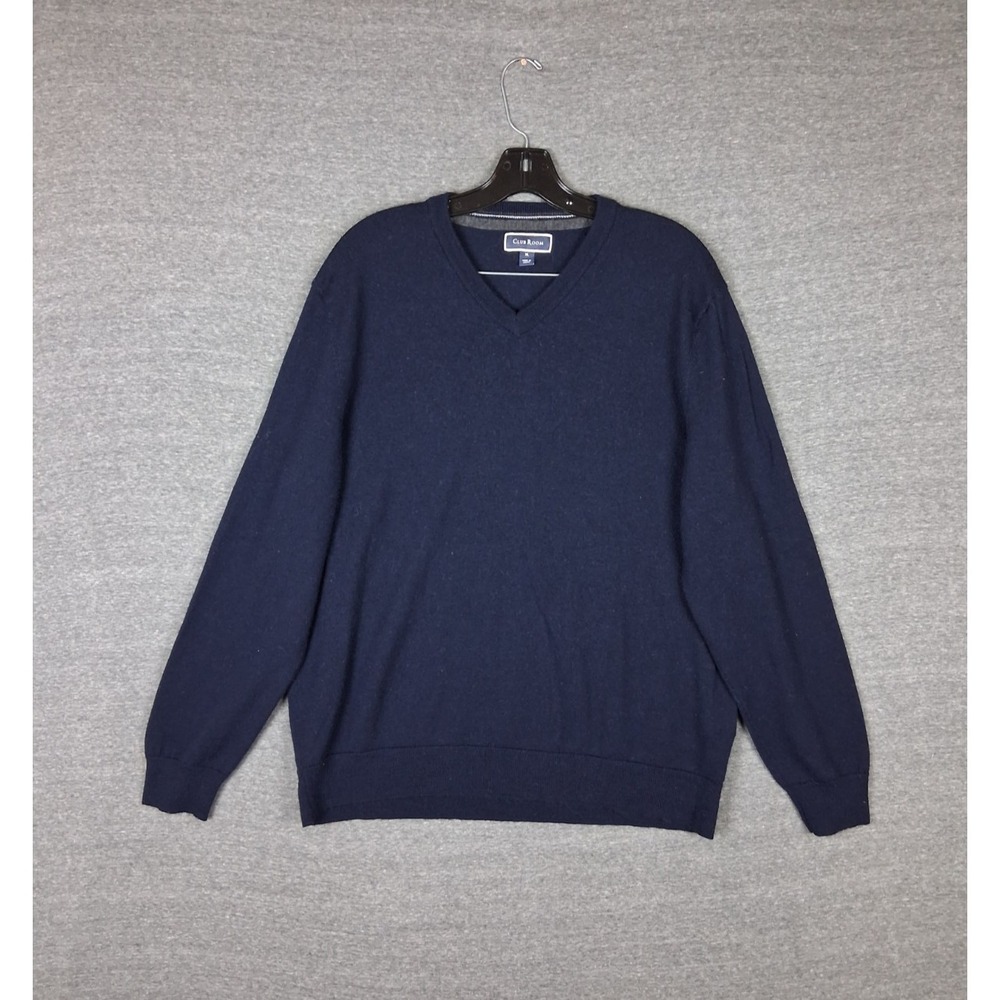 Club Room Mens‎ Sweater XL Dark Blue Merino Wool Blend Pullover Soft Classic